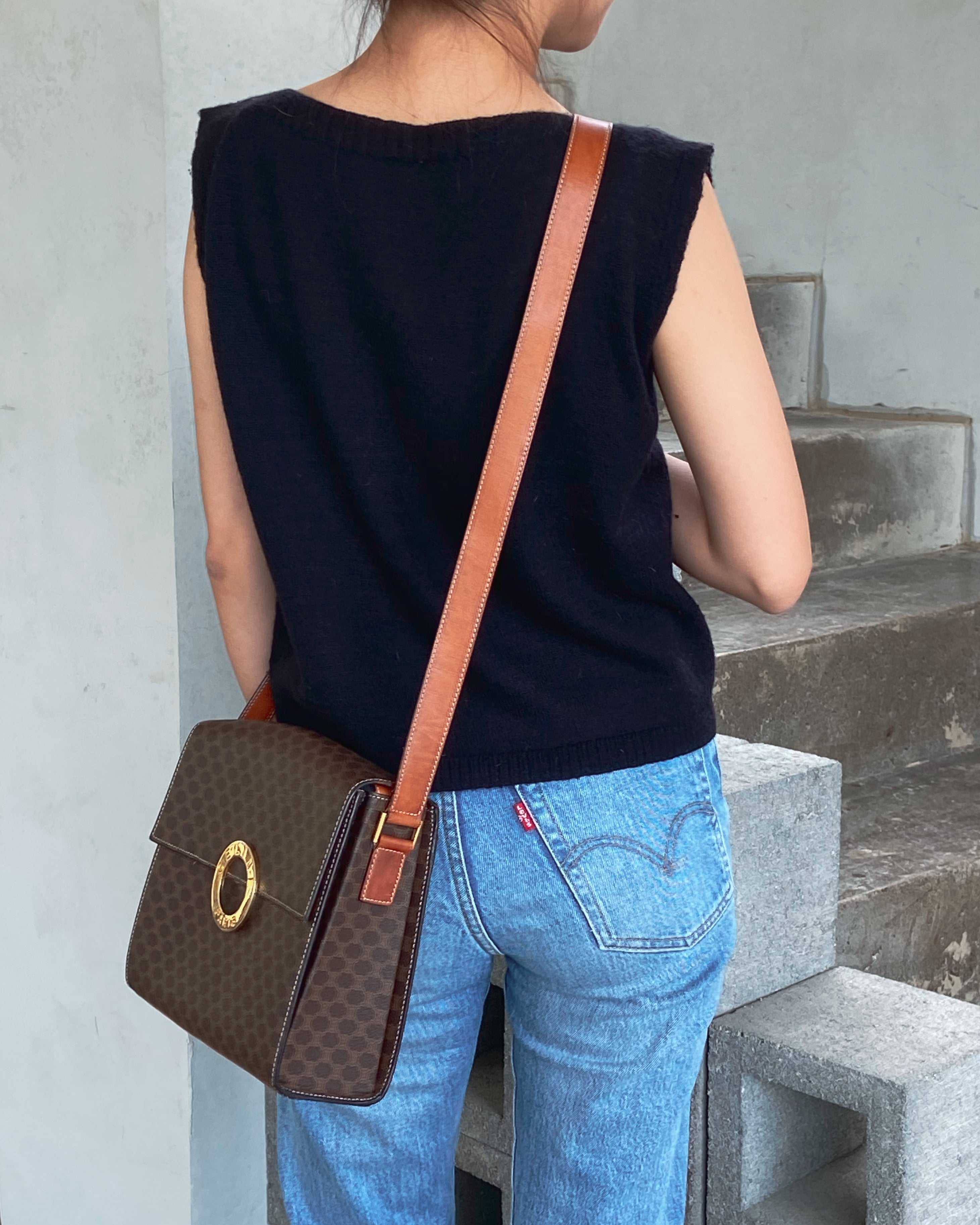 FWRD Renew Celine Vintage Macadam Leather Shoulder Bag in Black